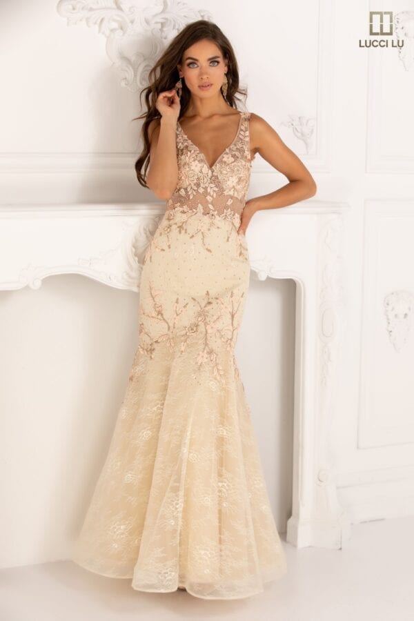 Mermaid dress, mesh v-neck front and back, embroidered flowers and sequins, mesh mid-line, lace skirt