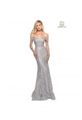 Fitted off-the-shoulder Metallic Lace gown featuring a sheer embellished bodice with a corset back.